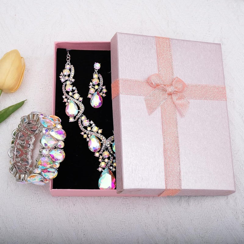 CSY Women's Elegant Bridal Necklace Earrings Stretch Bangle Bracelsts Set for Bride Bridesmaid Wedding Teardrop Crystal Costume Jewelry Sets - Image 4